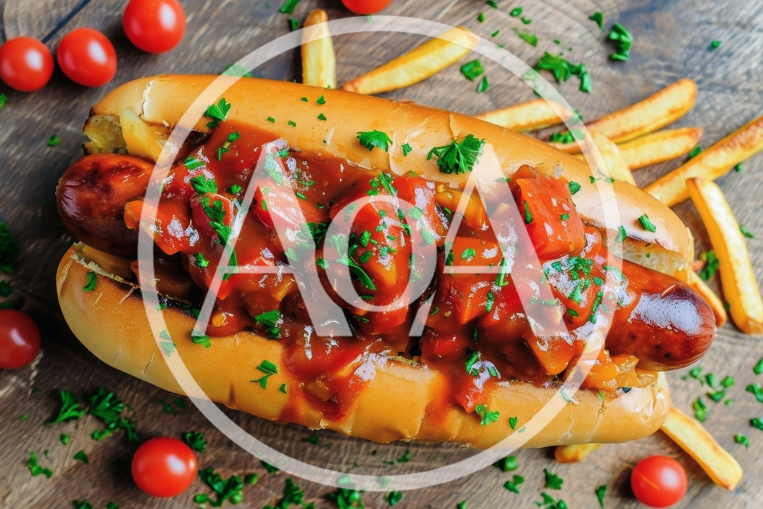 Gourmet Hot Dog With Tomato Relish And Fries