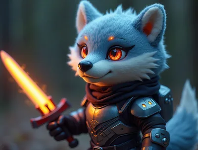 Cute Anthropomorphic Wolf Warrior Holding Glowing Sword