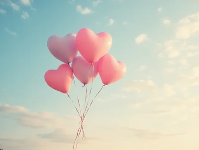 Five Pink Heart Shaped Balloons Floating In Blue Sky