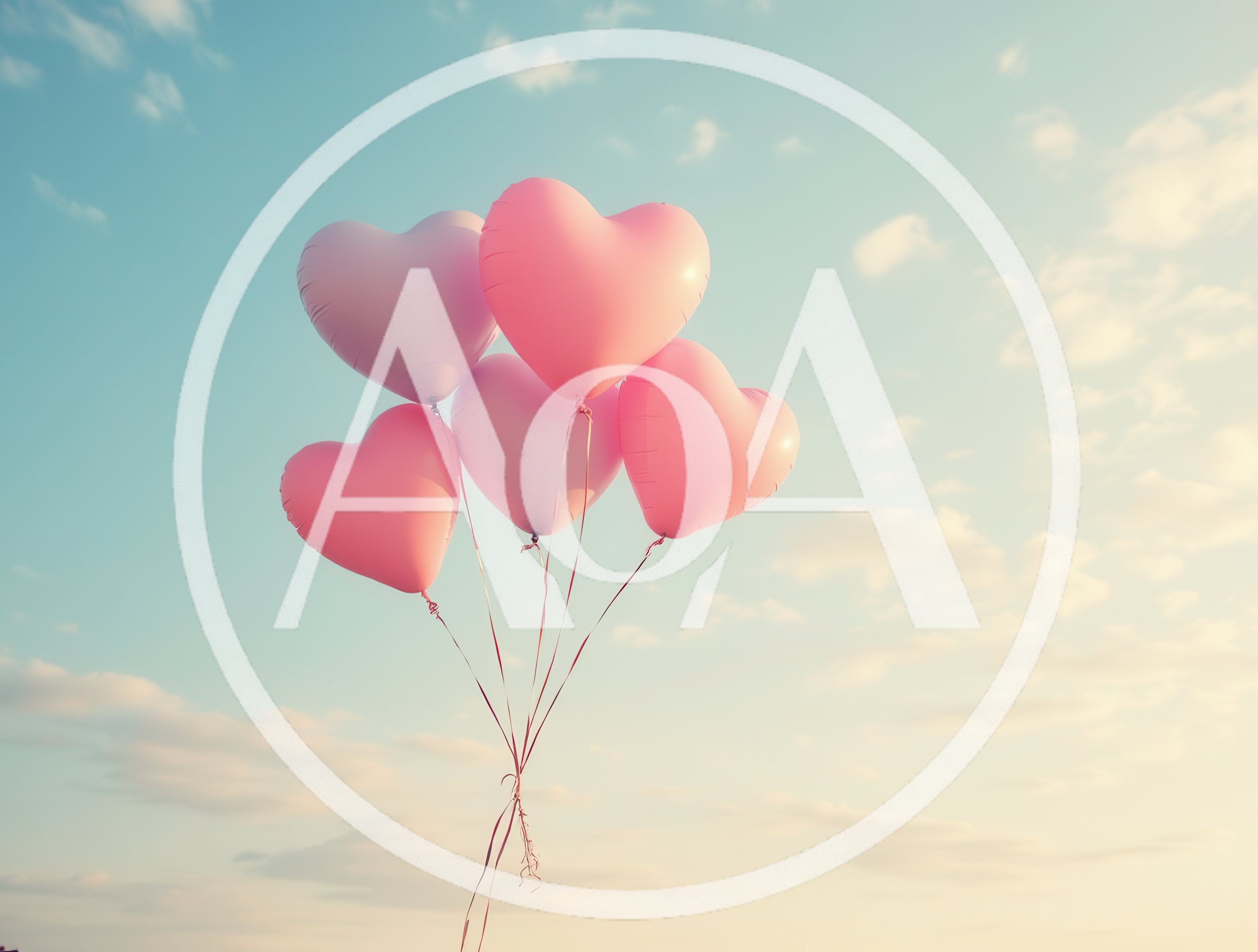 Five Pink Heart Shaped Balloons Floating In Blue Sky