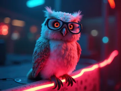 Cute Owl Wearing Glasses In Neon Cyberpunk Setting