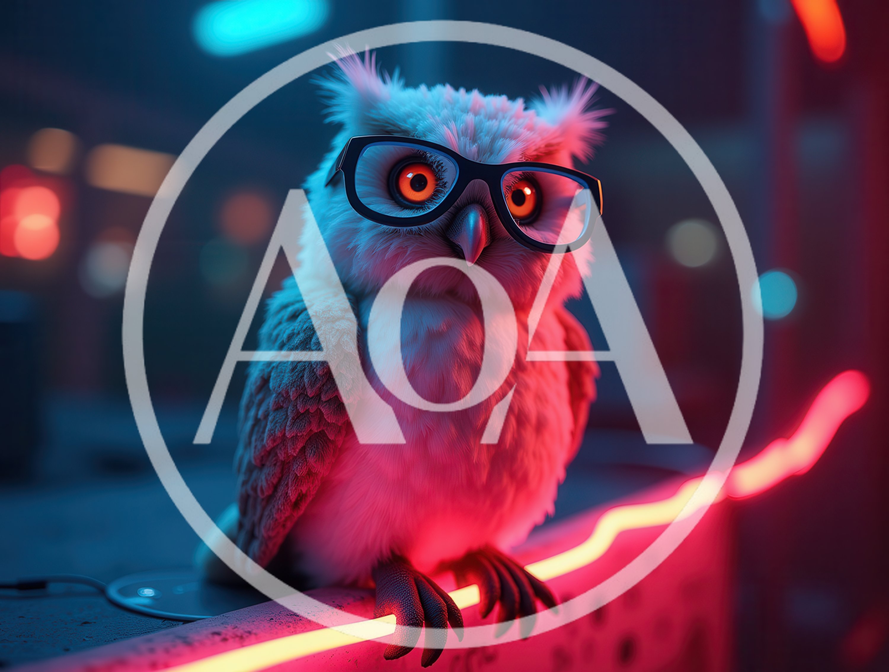 Cute Owl Wearing Glasses In Neon Cyberpunk Setting
