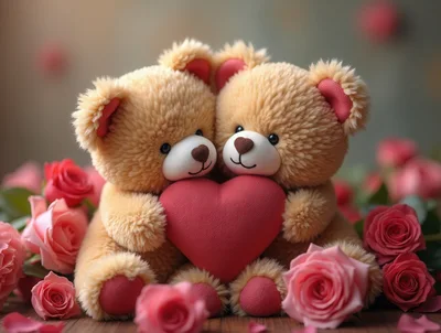 Two Cute Teddy Bears Holding A Red Heart