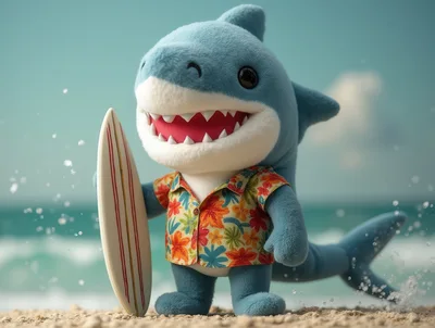 Plush Shark Toy Wearing Hawaiian Shirt With Surfboard