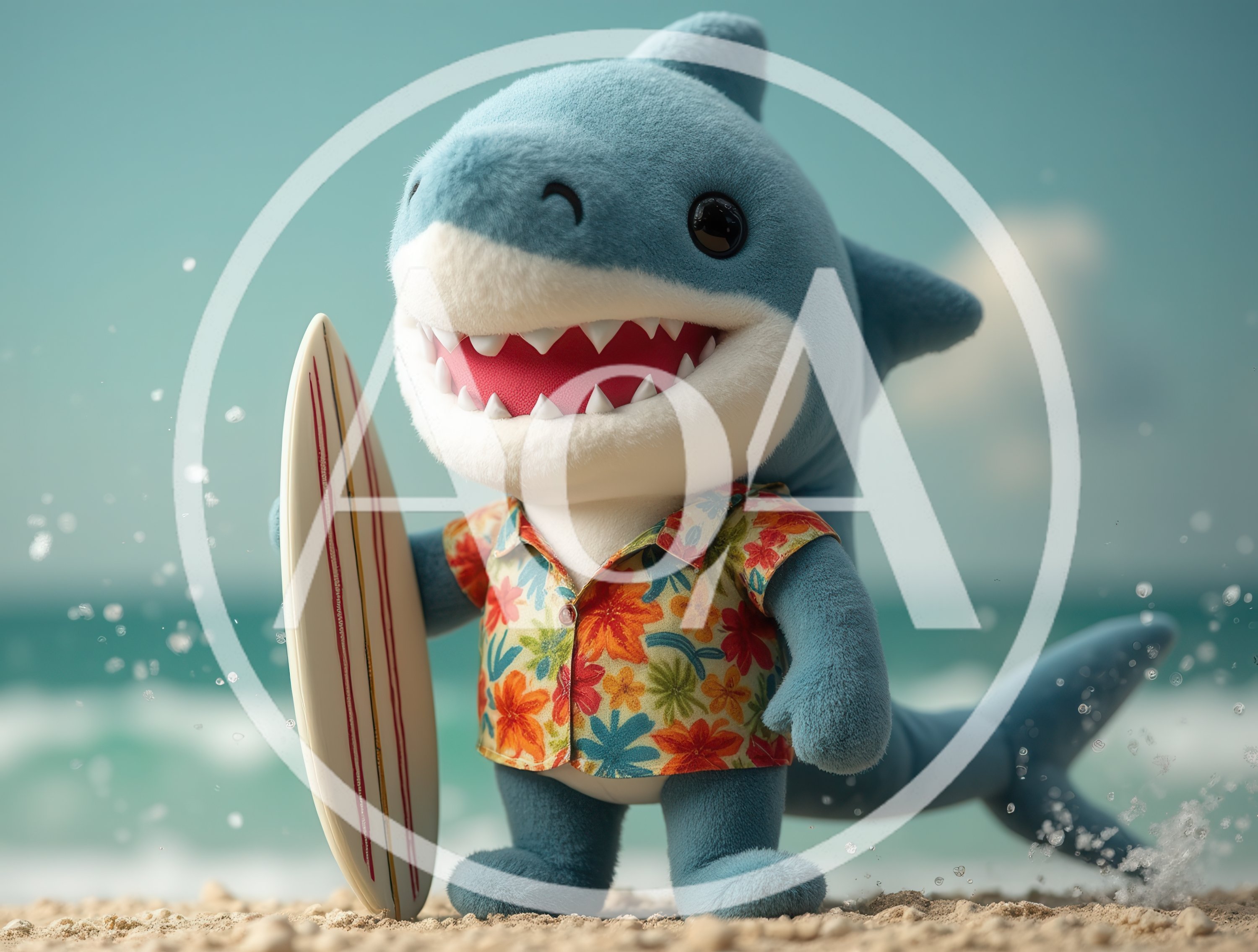 Plush Shark Toy Wearing Hawaiian Shirt With Surfboard