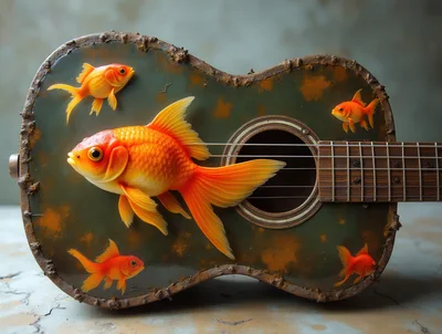 Surreal Goldfish Swimming Inside A Weathered Acoustic Guitar