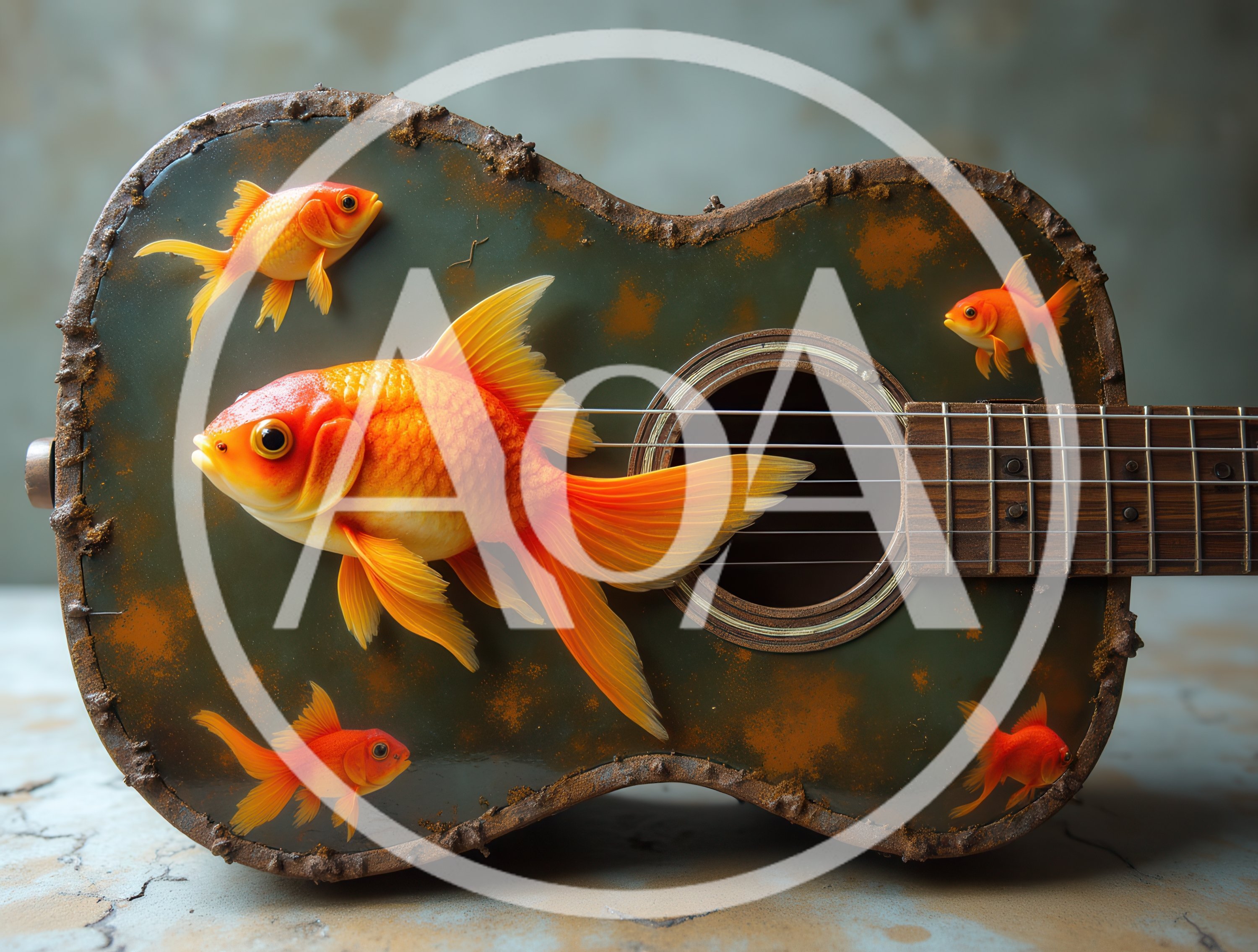 Surreal Goldfish Swimming Inside A Weathered Acoustic Guitar