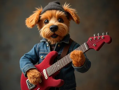 Cute Dog Wearing Denim Jacket Playing Red Electric Guitar