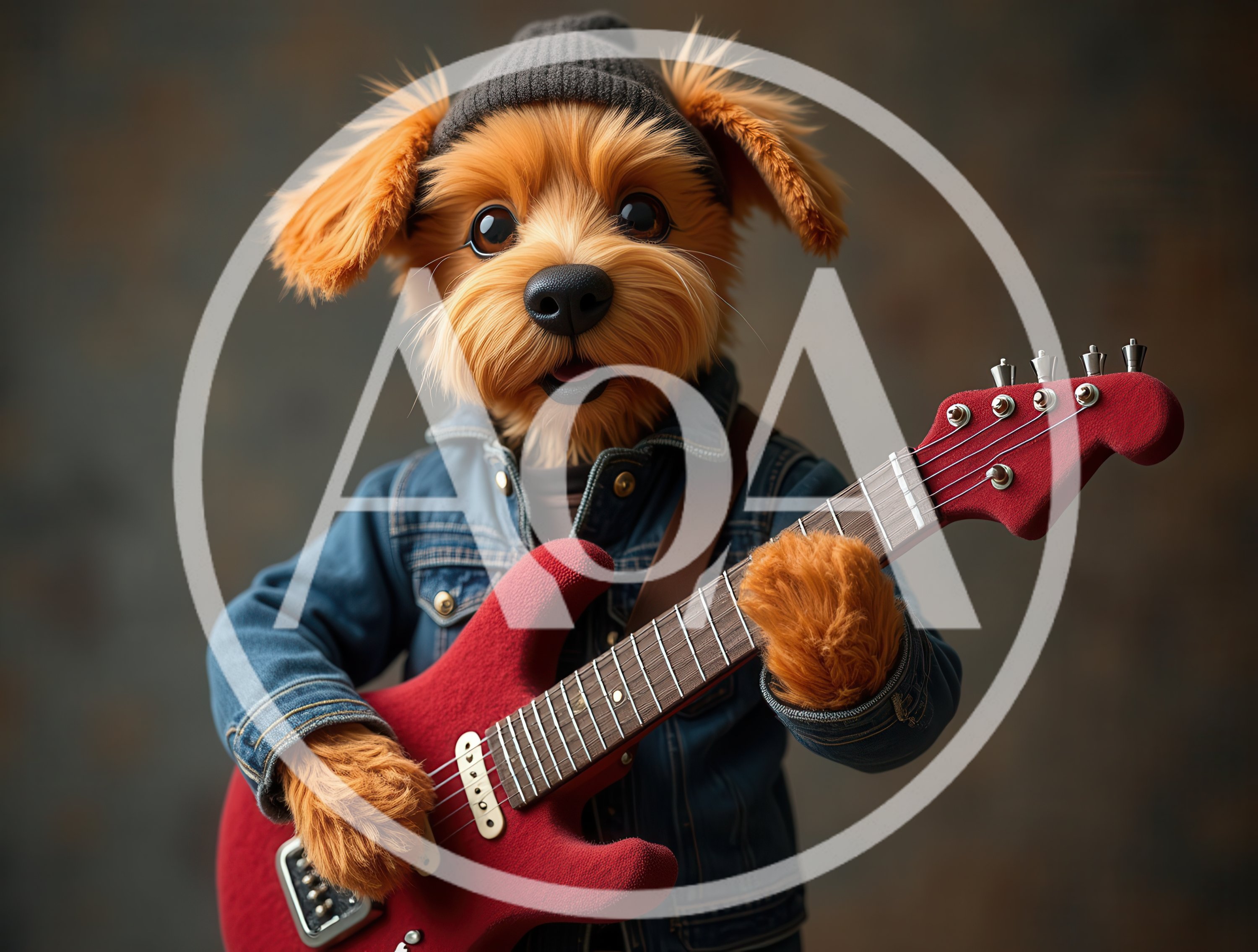 Cute Dog Wearing Denim Jacket Playing Red Electric Guitar
