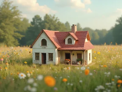 Miniature Cottage House In A Wildflower Meadow