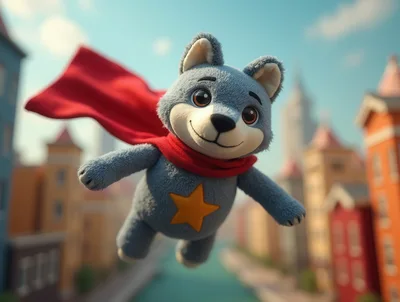 Flying Superhero Plush Wolf Toy Over City