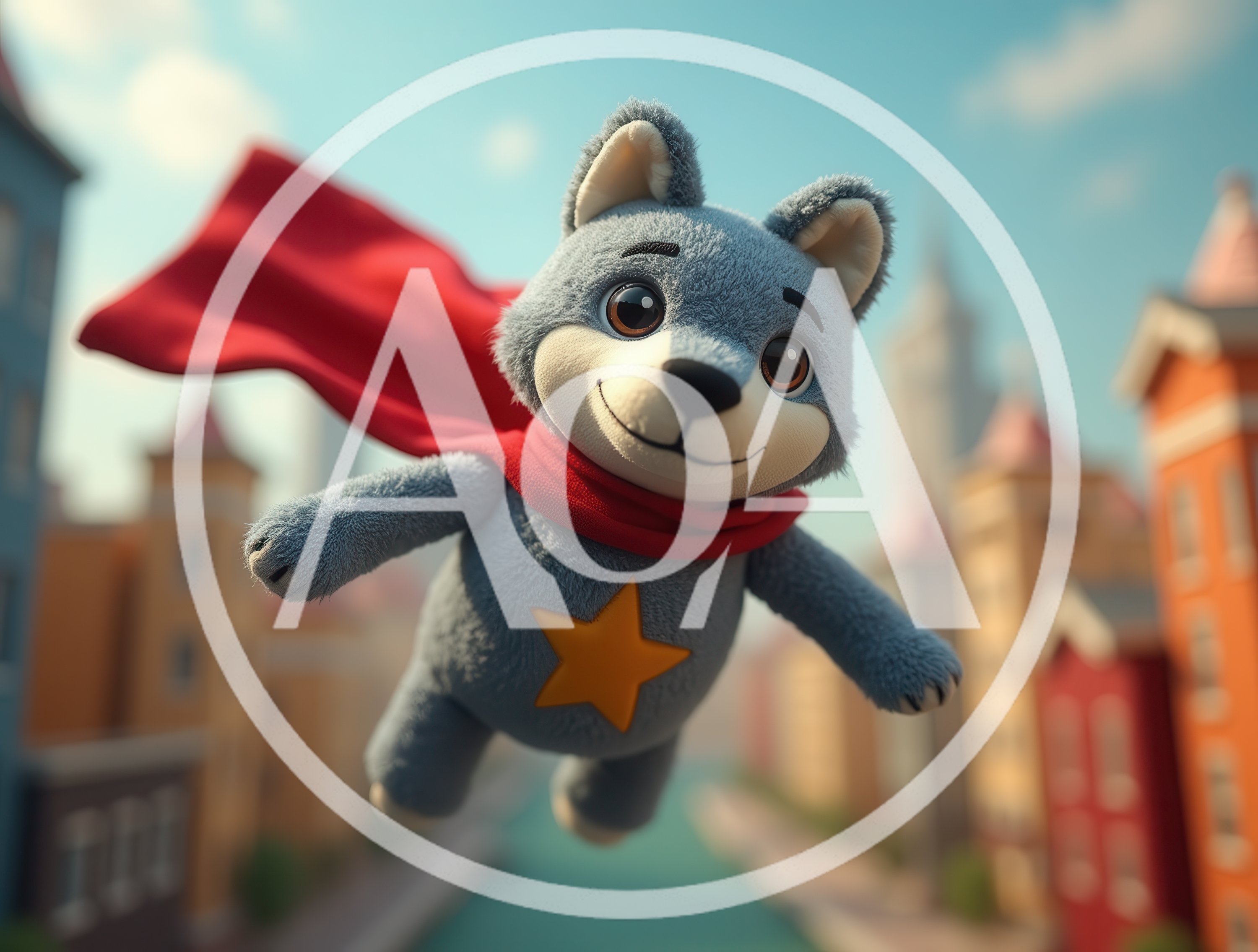 Flying Superhero Plush Wolf Toy Over City