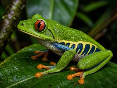 Red Eyed Tree Frog Resting On A Green Leaf