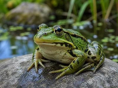 Green Frog Resting On A Wet Rock
