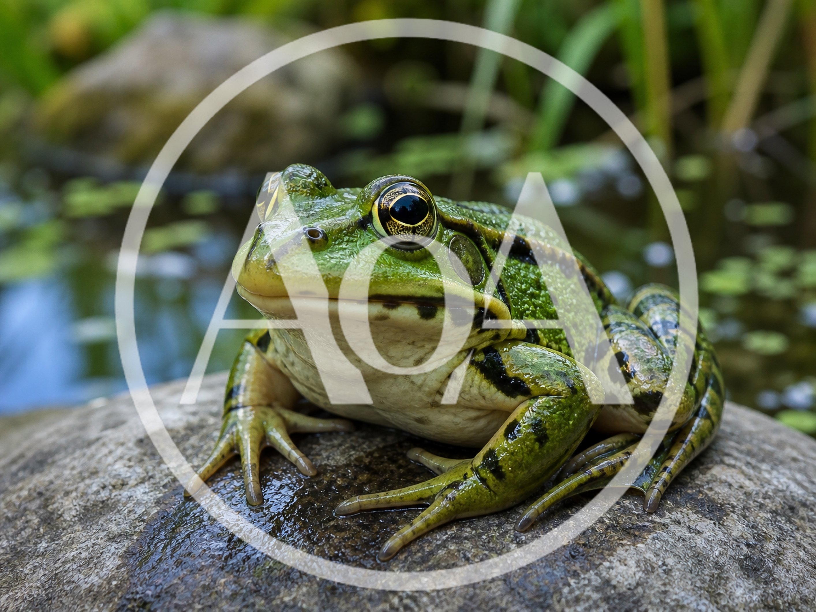 Green Frog Resting On A Wet Rock