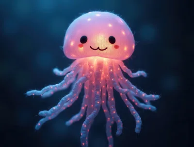 Cute Glowing Jellyfish Plush Toy Floating In Dark Water