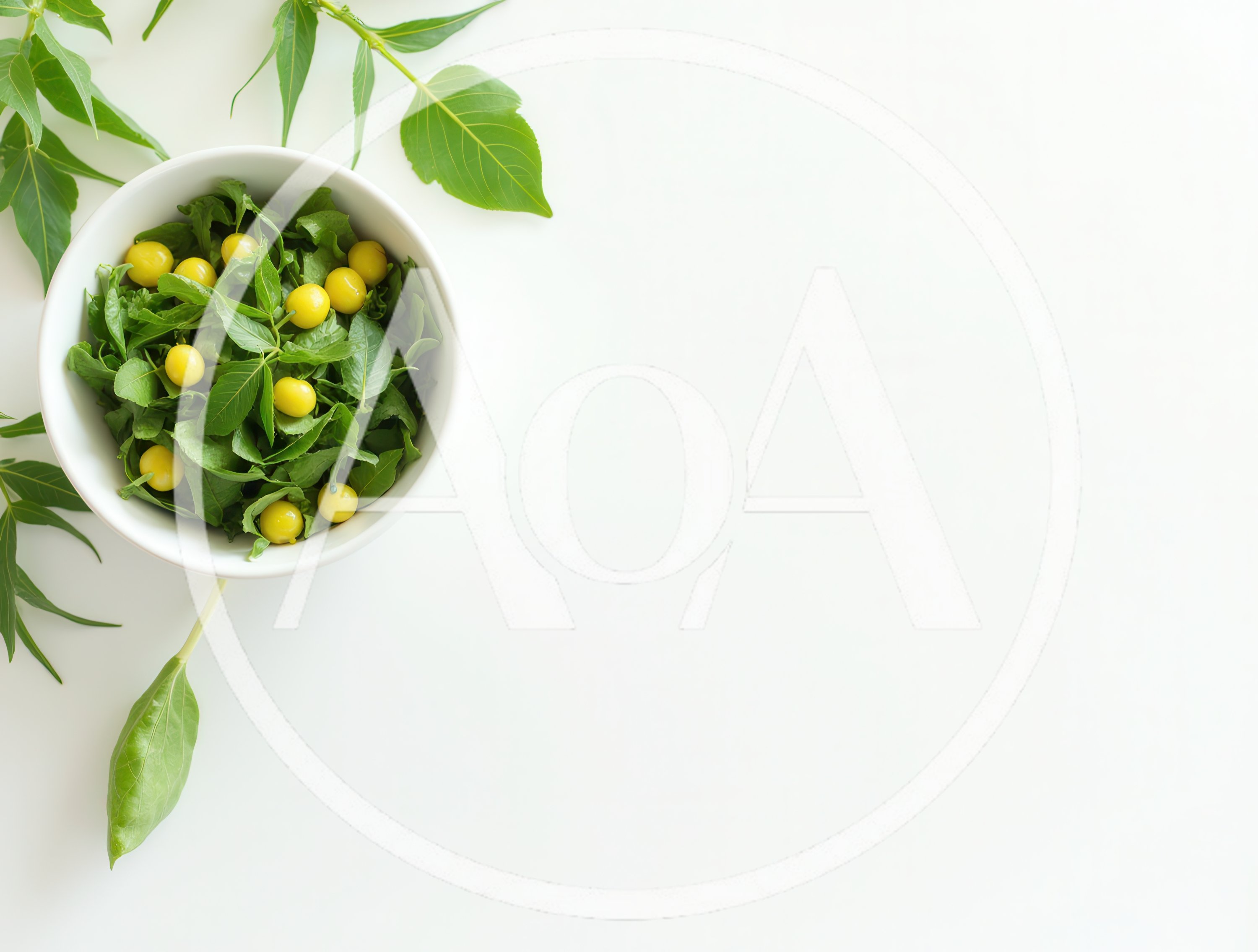 Bowl of Fresh Green Leaves and Yellow Berries
