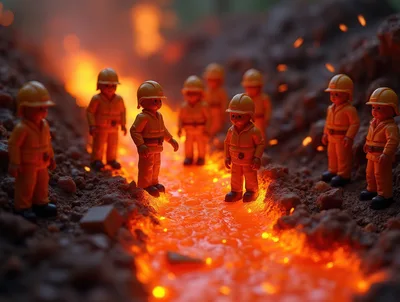 Toy Construction Workers Standing Near Molten Lava