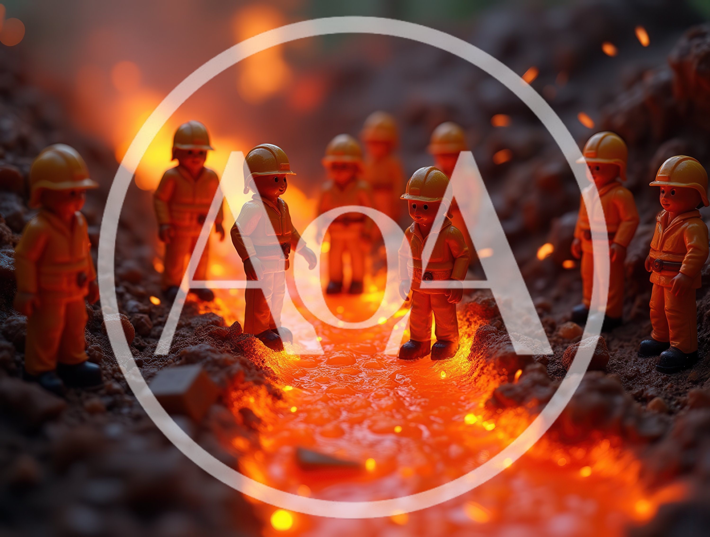 Toy Construction Workers Standing Near Molten Lava