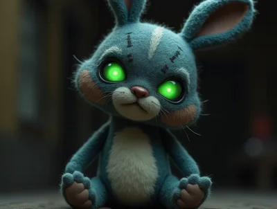 Cute Blue Stuffed Rabbit Toy With Glowing Green Eyes