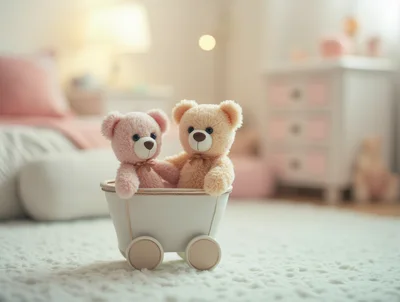 Two Cute Teddy Bears Sitting In A Toy Cart