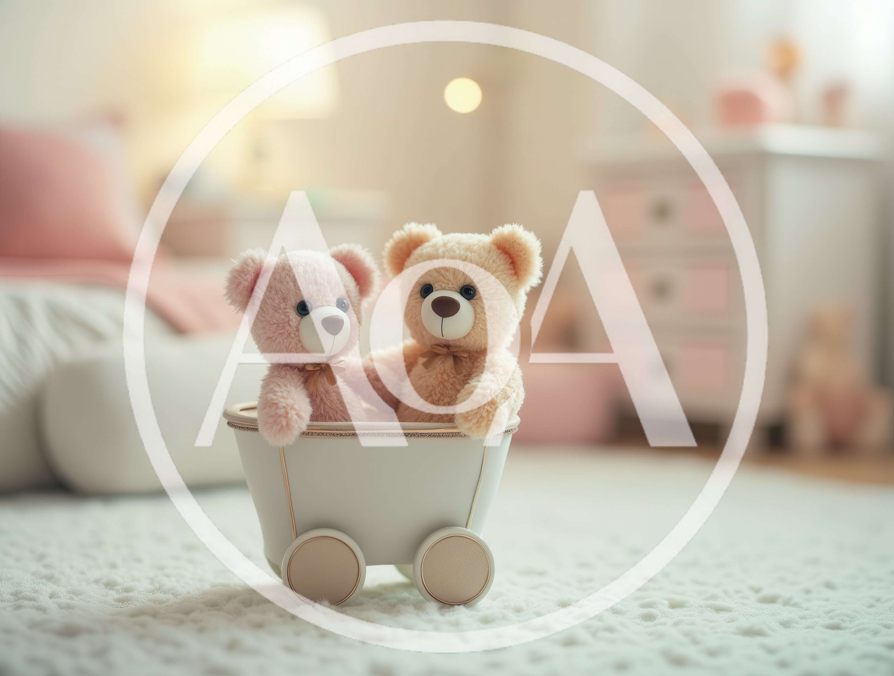 Two Cute Teddy Bears Sitting In A Toy Cart