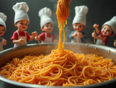 Cute Toddler Chefs Cooking Spaghetti In Large Pot