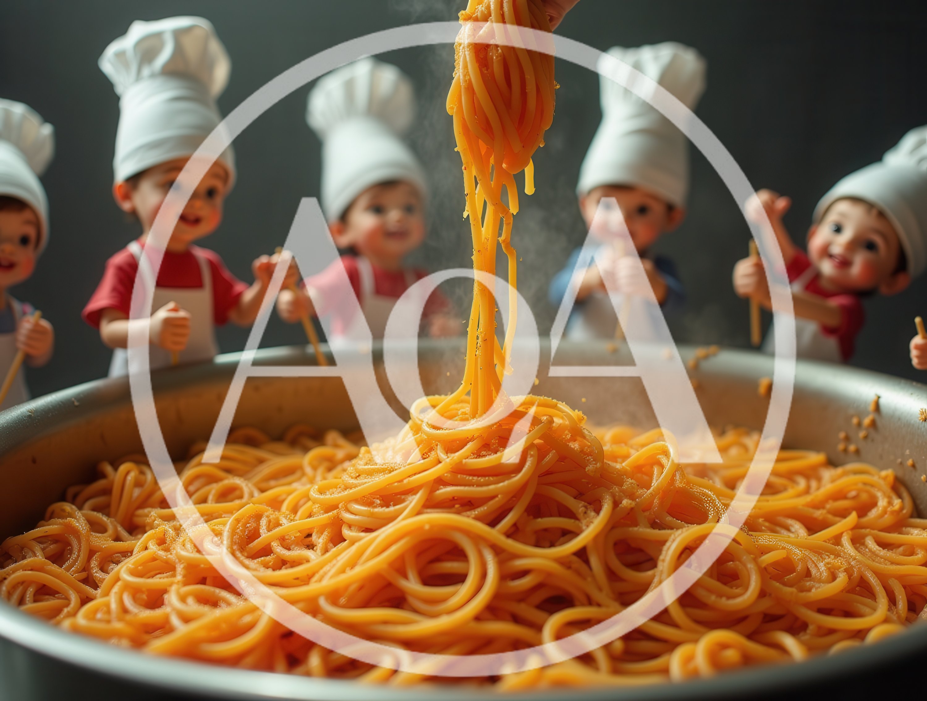 Cute Toddler Chefs Cooking Spaghetti In Large Pot
