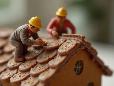 Miniature Construction Workers Building A Gingerbread House