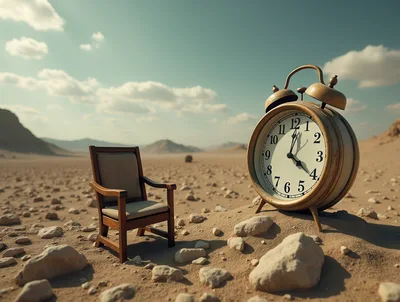 Surreal Alarm Clock and Armchair in Desert Landscape