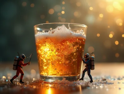 Miniature Astronauts Exploring A Glass Of Beer