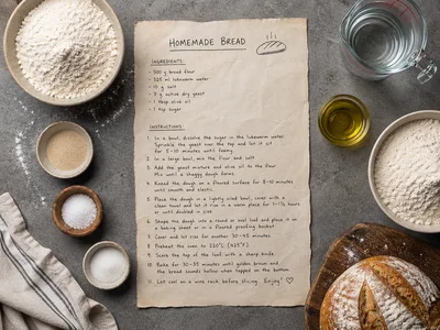 Homemade Bread Recipe With Ingredients On Kitchen Table
