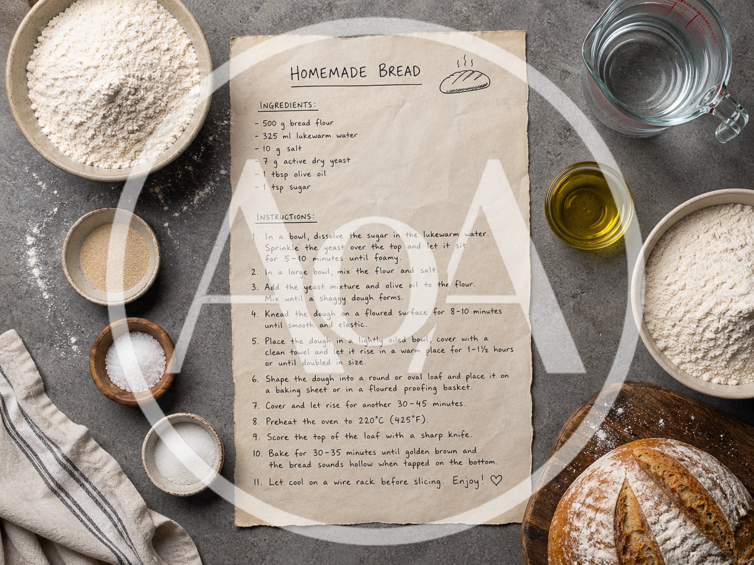 Homemade Bread Recipe With Ingredients On Kitchen Table
