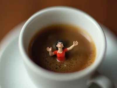 Miniature Woman Swimming In A Cup Of Coffee