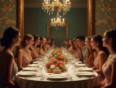 Elegant Dinner Party With Guests At A Long Table