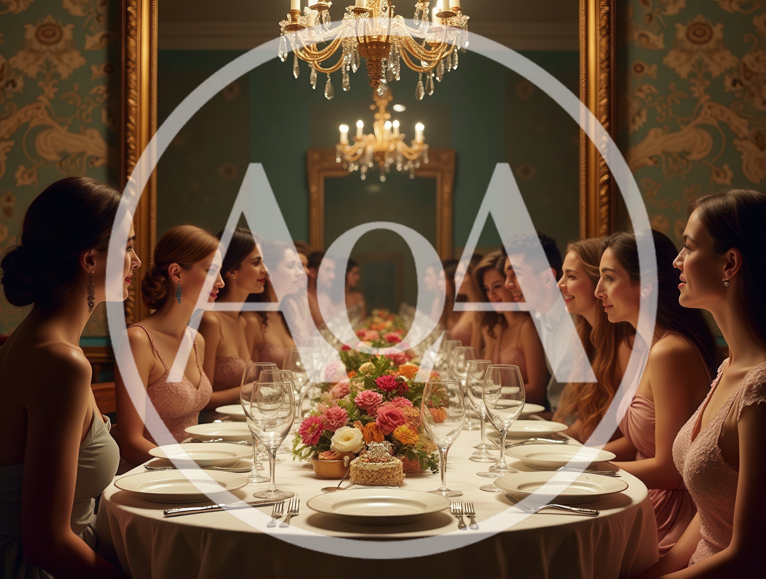 Elegant Dinner Party With Guests At A Long Table