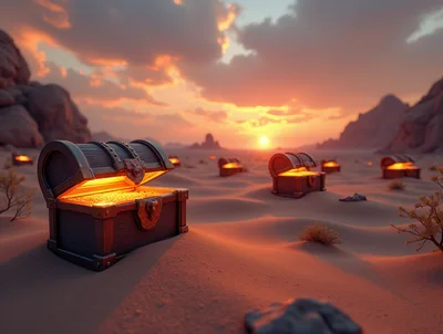 Glowing Treasure Chests Scattered Across A Desert Landscape