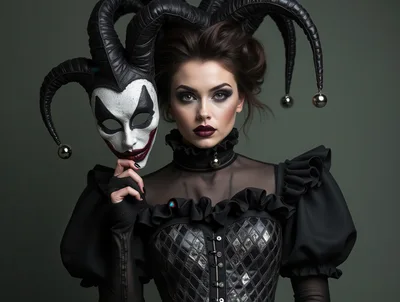 Gothic Jester Woman Holding A Venetian Mask