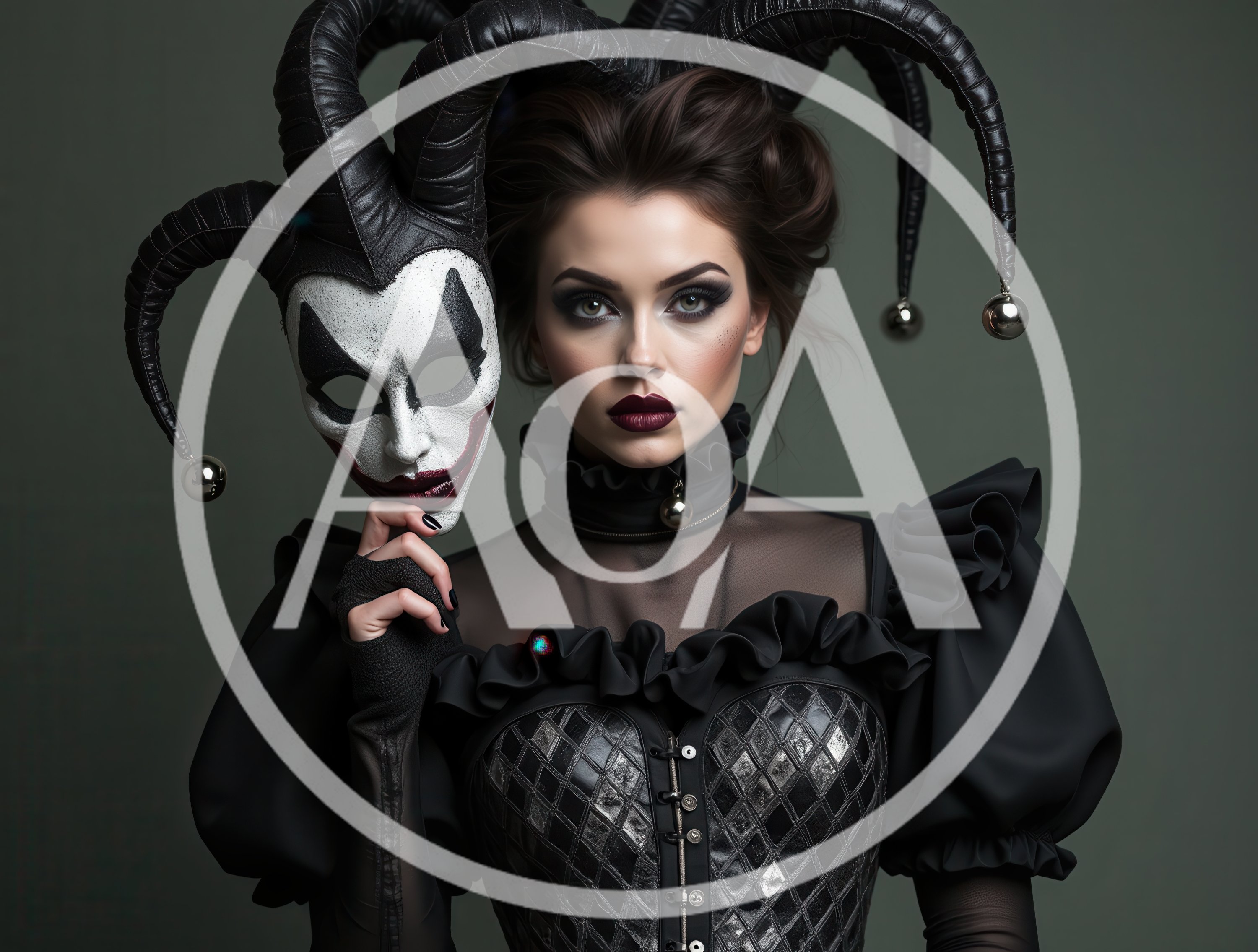 Gothic Jester Woman Holding A Venetian Mask
