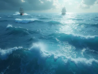 Two Tall Ships Sailing Through Rough Ocean Waves