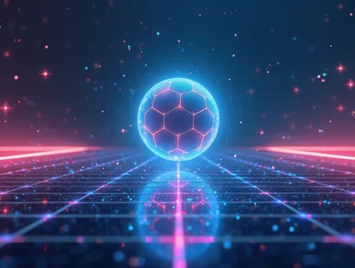 Glowing Neon Soccer Ball Floating Above Digital Grid