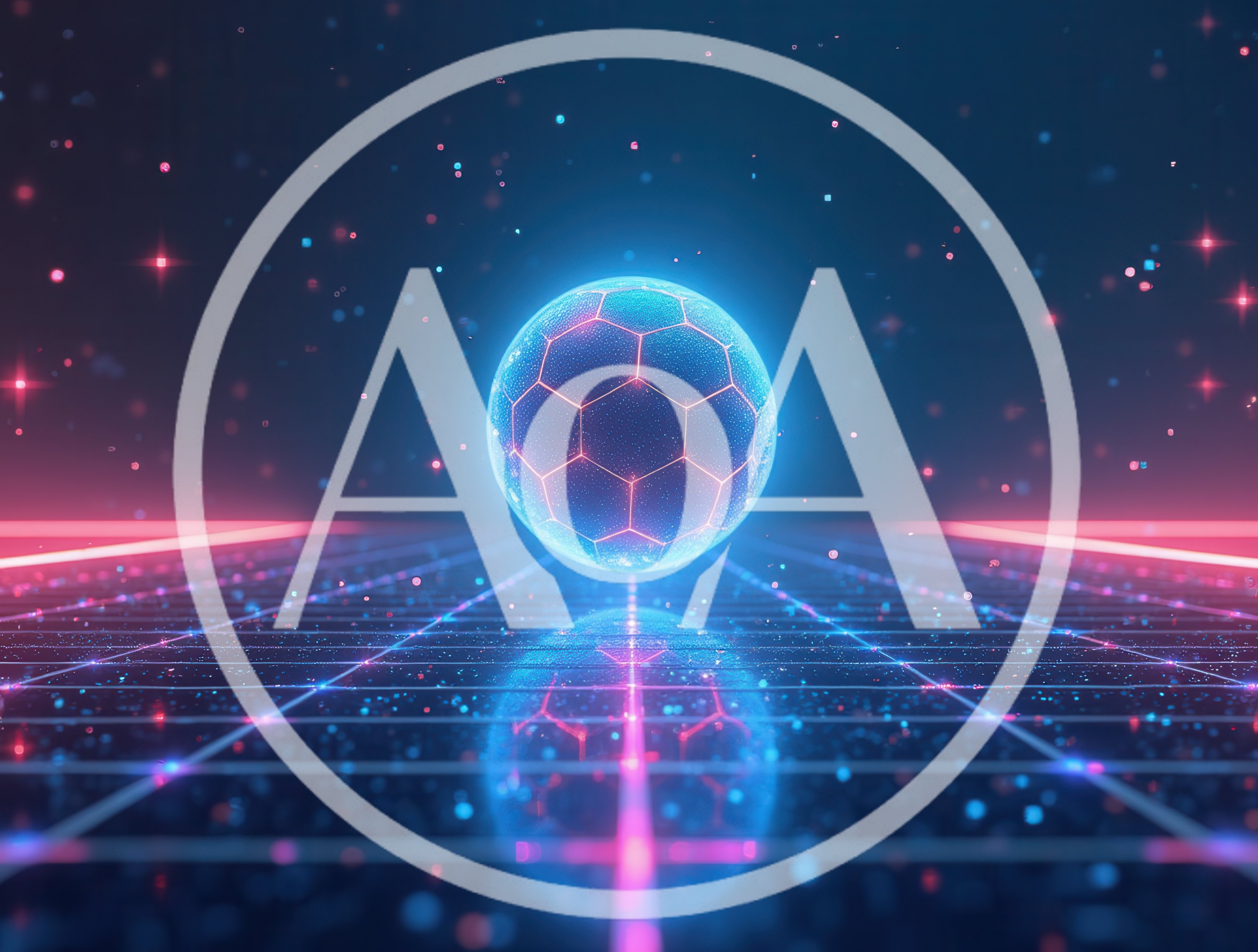 Glowing Neon Soccer Ball Floating Above Digital Grid