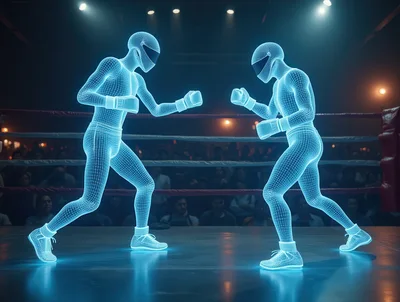 Digital Wireframe Boxers Sparring In A Boxing Ring