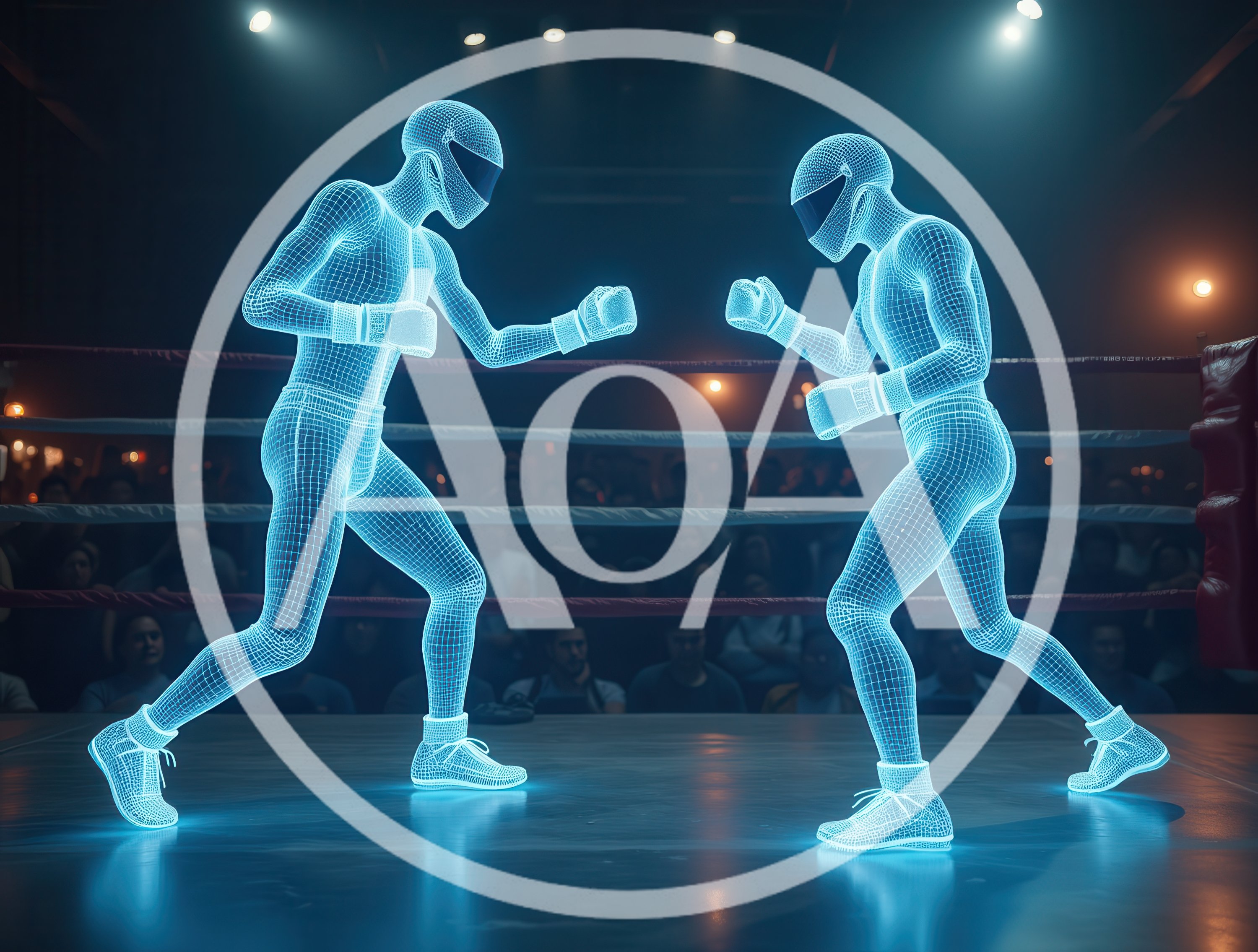 Digital Wireframe Boxers Sparring In A Boxing Ring
