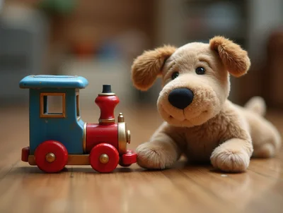Plush Toy Dog Sitting Beside A Wooden Toy Train