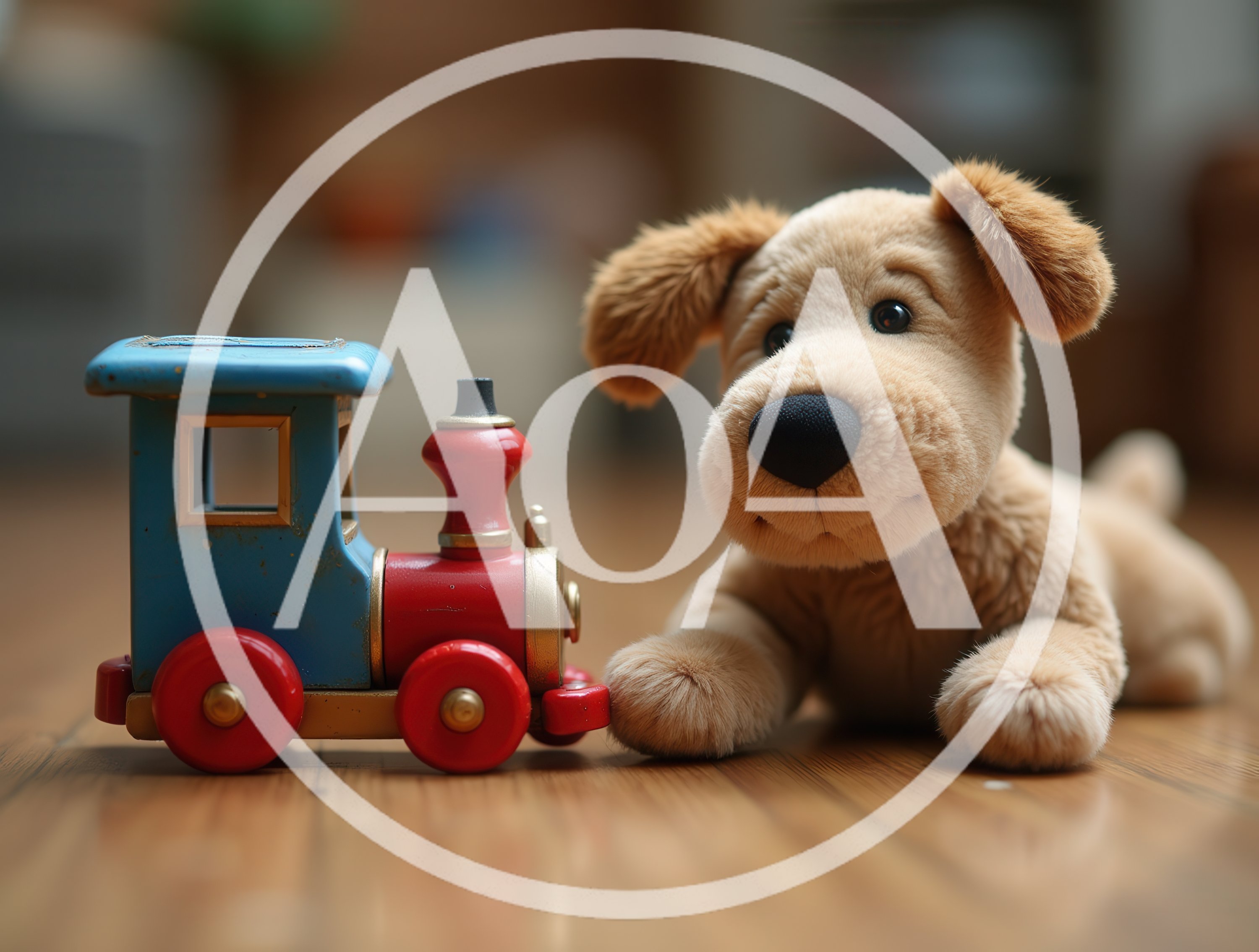 Plush Toy Dog Sitting Beside A Wooden Toy Train