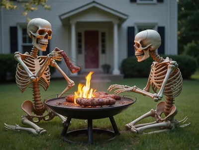 Two Skeletons Grilling Meat Over A Backyard Fire Pit