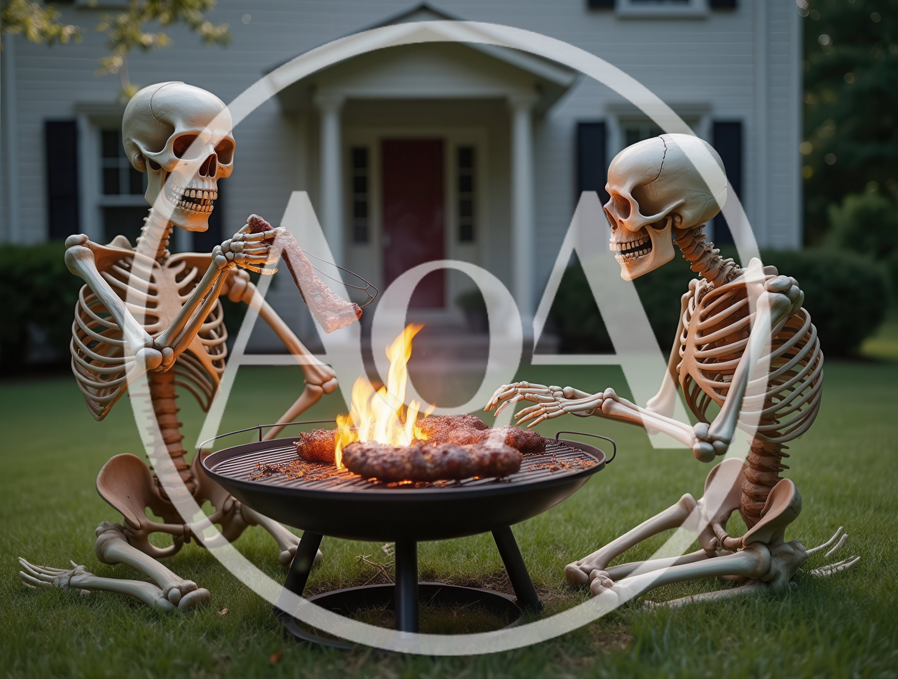 Two Skeletons Grilling Meat Over A Backyard Fire Pit