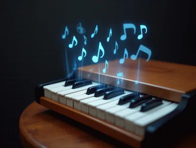 Glowing Musical Notes Rising From A Miniature Piano