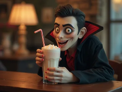 Cartoon Vampire Drinking A Milkshake At A Table